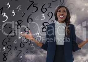 Frustrated woman in front of numbers