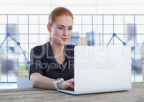 Businesswoman at desk with laptop and grid chart points