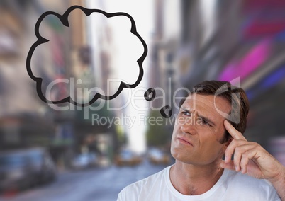 man looking up at thought cloud