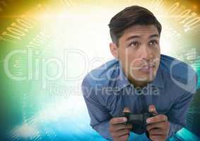 man playing with computer game controller with bright colorful background