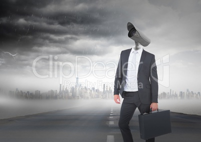 Businessman with CCTV head on street with city skyline