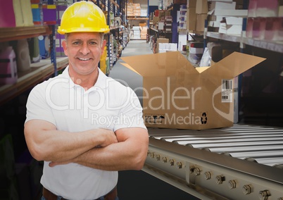 man with boxes on conveyor belt in warehouse