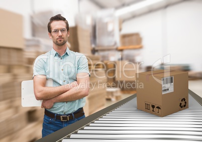 man with boxes on conveyor belt in warehouse