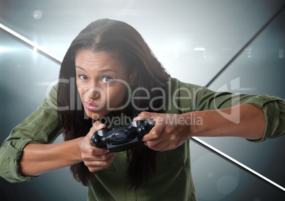 woman playing with computer game controller