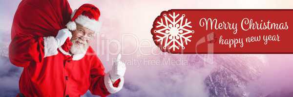 Merry Christmas Happy New Year text and Santa Claus in Winter with sack