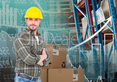 man with box in warehouse, transition and graph