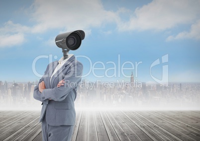 Businesswoman with CCTV head  with city skyline