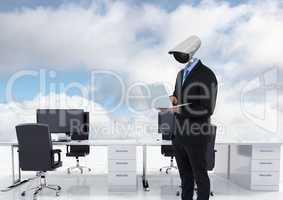 Businessman with CCTV head at office in clouds