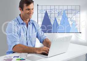 Businessman at desk with laptop and triangle charts with world map on grid
