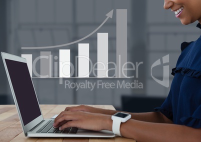 Businesswoman at desk with laptop and  bar chart incrementing