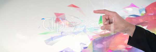 Hand interacting and touching air with bright colorful polygons background
