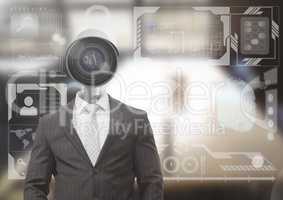 Businessman with CCTV head at office with interface