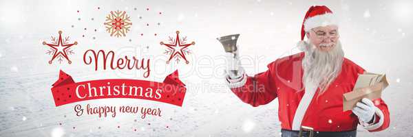 Merry Christmas Happy New Year text and Santa with bell