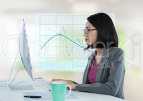 Businesswoman with computer at desk with diagram chart