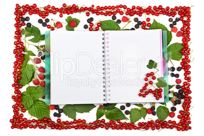 book on the background of currant berries, blackberries and rasp