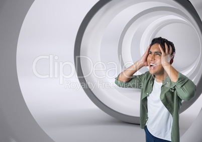 Businessman shouting anxiously in tunnel