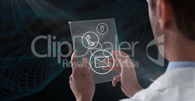 man holding glass interface, contact icons