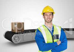 man with boxes on conveyor belt