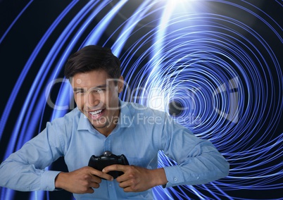 Businessman playing with computer game controller with bright tunnel background