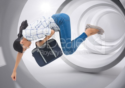 Businesswoman with briefcase floating through minimal tunnel