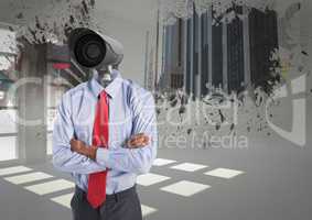 Businessman with CCTV head at office in the city