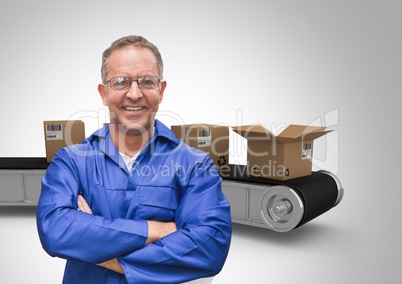 man with boxes on conveyor belt