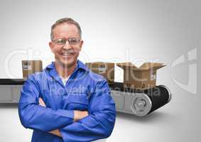 man with boxes on conveyor belt