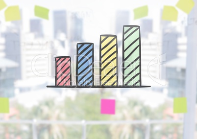 Bar chart with window and sticky notes background