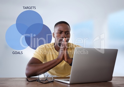 Businessman with tablet at desk with diagram pie chart of targets and goals