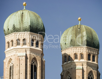 Close up of the towers of Frauenkirche in Munich, Germany