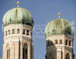 Close up of the towers of Frauenkirche in Munich, Germany