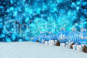 3d render - blue christmas baubles over bokeh background
