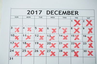 Calendar showing 31st december and other days marked