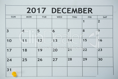 Yellow pin push on day 31st of month end on white calendar