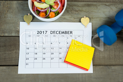 Calendar with new year resolution and diet food