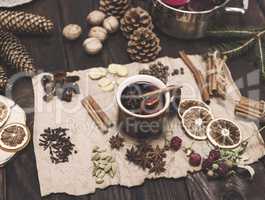 mulled wine in a brown ceramic cup