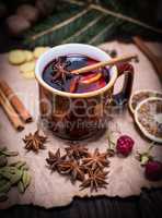 mulled wine in a brown ceramic cup