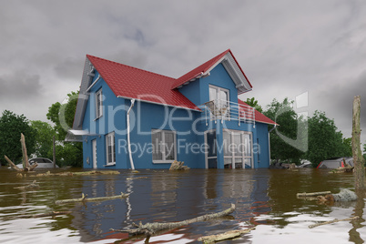 3d render - flooding blue house