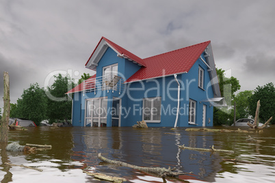 3d render - flooding blue house