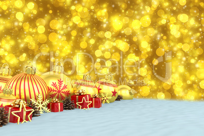 3d render - golden christmas baubles over bokeh background