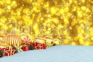 3d render - golden christmas baubles over bokeh background