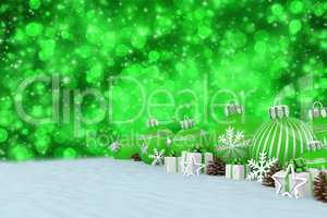 3d render - green christmas baubles over bokeh background