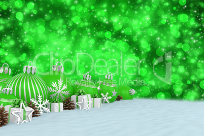 3d render - green christmas baubles over bokeh background