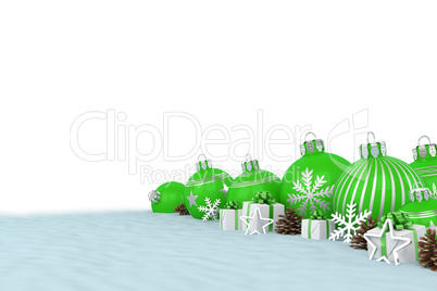 3d render - green christmas baubles over white background