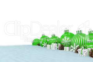 3d render - green christmas baubles over white background