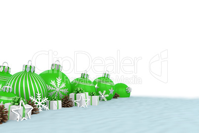 3d render - green christmas baubles over white background