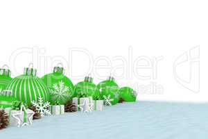 3d render - green christmas baubles over white background