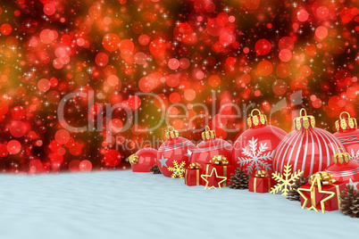 3d render - red christmas baubles over bokeh background