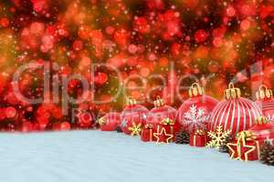 3d render - red christmas baubles over bokeh background