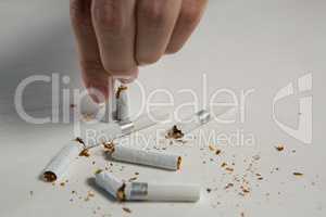 Woman hand breaking cigarette against white background